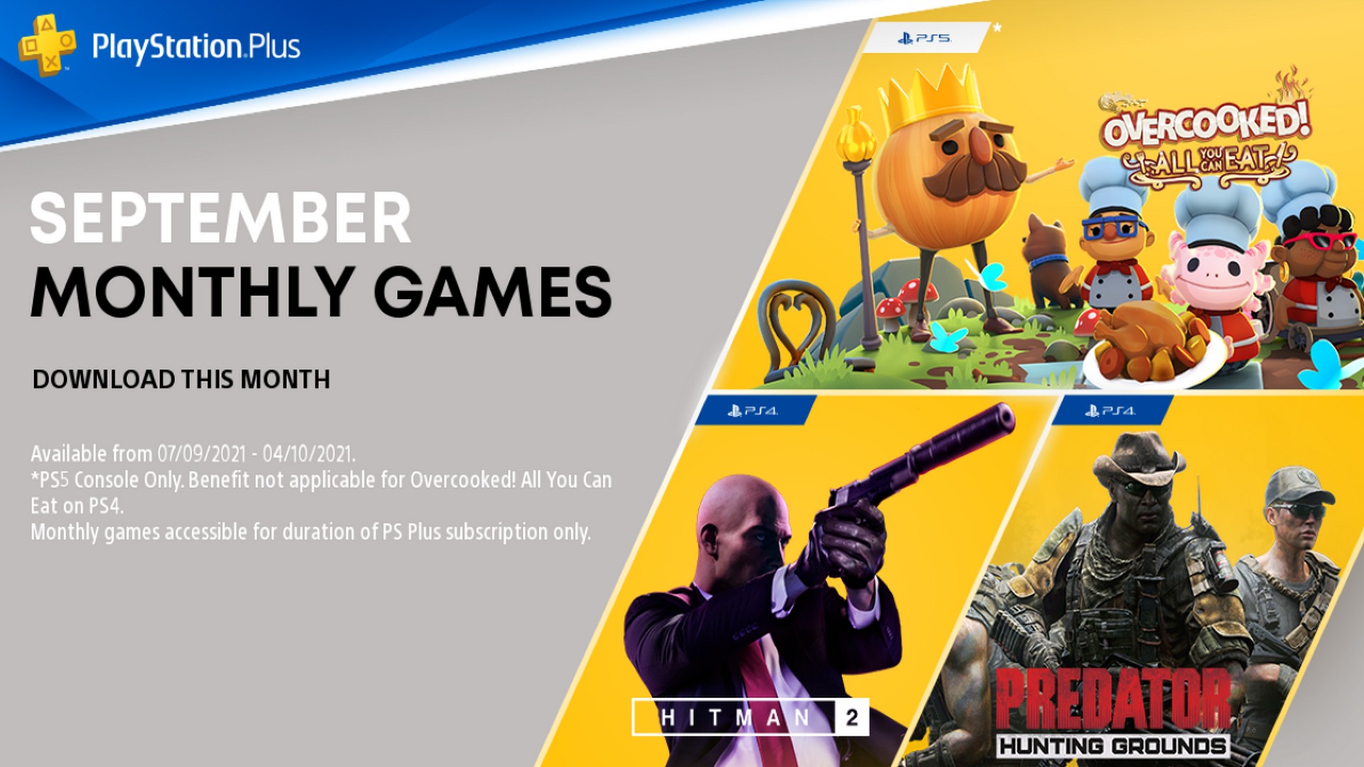 PS Plus September 2021 Games Announced — Hitman 2, Predator: Hunting  Grounds, Overcooked! All You Can Eat