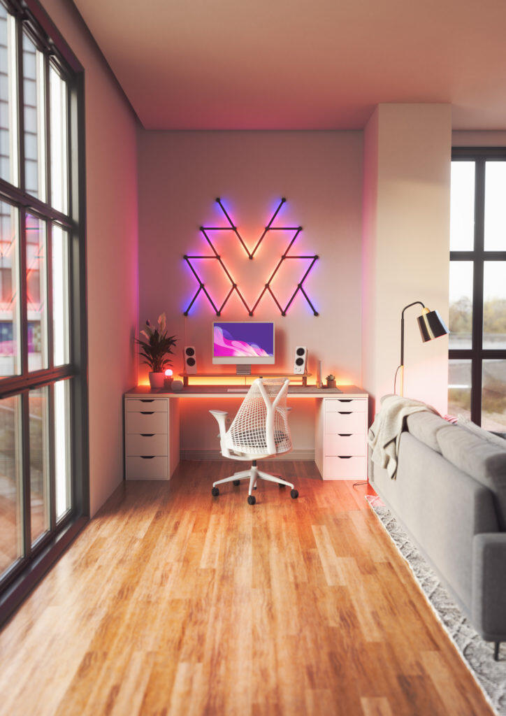 Nanoleaf Lines Skins - Introducing Snap-on Covers To Customise Your Lighting Experience 4 Nanoleaf Lines Desk With Matte Black Skins ON https://www.mkaugaming.com/nanoleaf-lines-skins-introducing-snap-on-covers-to-customise-your-lighting-experience/
