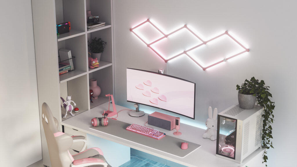 Nanoleaf Lines Skins - Introducing Snap-on Covers To Customise Your Lighting Experience 2 Nanoleaf Lines Gaming Desk With Matte Pink Skins ON https://www.mkaugaming.com/nanoleaf-lines-skins-introducing-snap-on-covers-to-customise-your-lighting-experience/