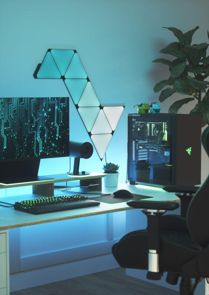 Nanoleaf Launches Limited Edition Ultra Black Shapes Panels For Company’s 10th Anniversary 3 Shapes Ultra Black Triangles 9x Battlestation Blue 2828x4000 https://www.mkaugaming.com/nanoleaf-launches-limited-edition-ultra-black-shapes-panels-for-companys-10th-anniversary/