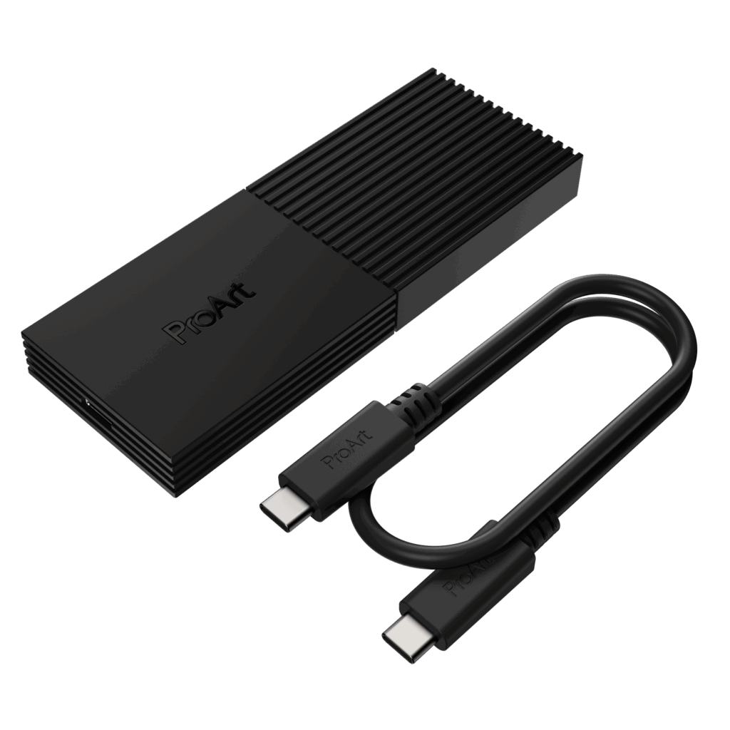 ASUS Announces ProArt PA40SU USB4 SSD Enclosure 2 PA40SU Front WithCable https://www.mkaugaming.com/asus-announces-proart-pa40su-usb4-ssd-enclosure/